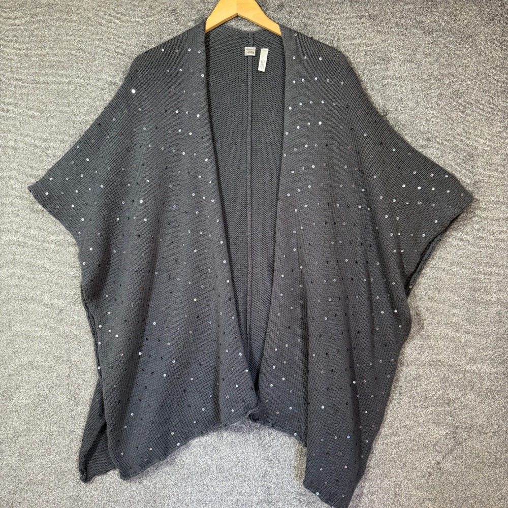 Chicos Charcoal Gray Sequin Knit Poncho Open Front Cotton Sweater Wrap One Size
